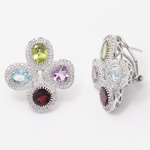 Серьги с аметистом, гранатом, топазом, фианитом и хризолитом из серебра