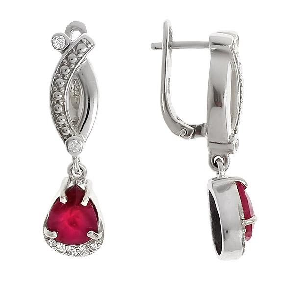Серьги с рубином корундом, фианитом из Серебра
