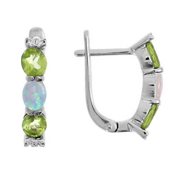Серьги с опалом, фианитом и хризолитом из серебра