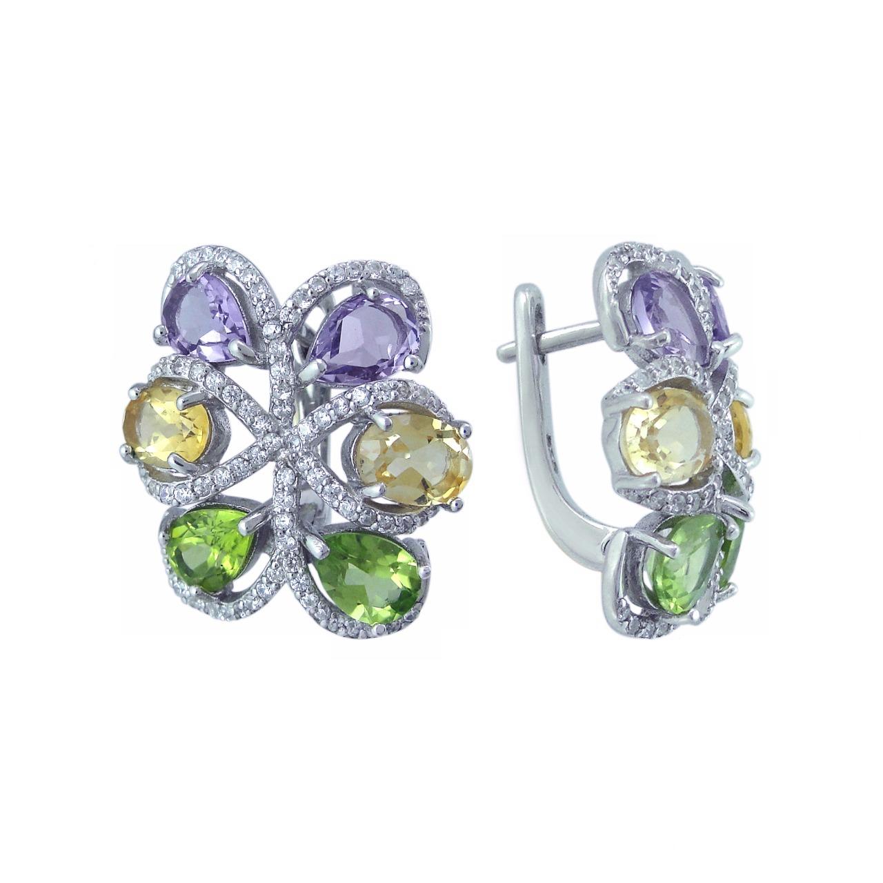 Серьги с аметистом, фианитом, хризолитом и цитрином из серебра