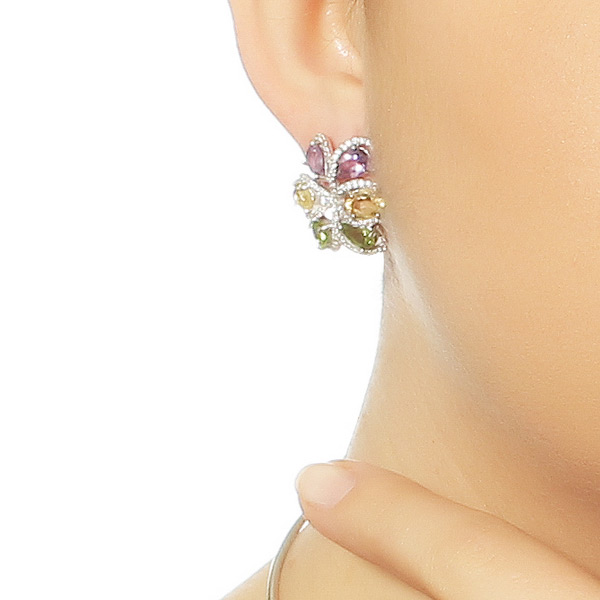 Серьги с аметистом, фианитом, хризолитом и цитрином из серебра