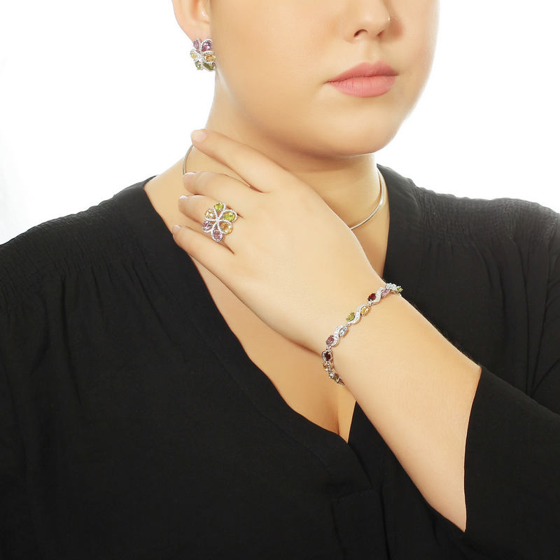 Серьги с аметистом, фианитом, хризолитом и цитрином из серебра