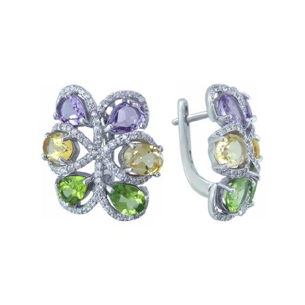 Серьги с аметистом, фианитом, хризолитом и цитрином из серебра