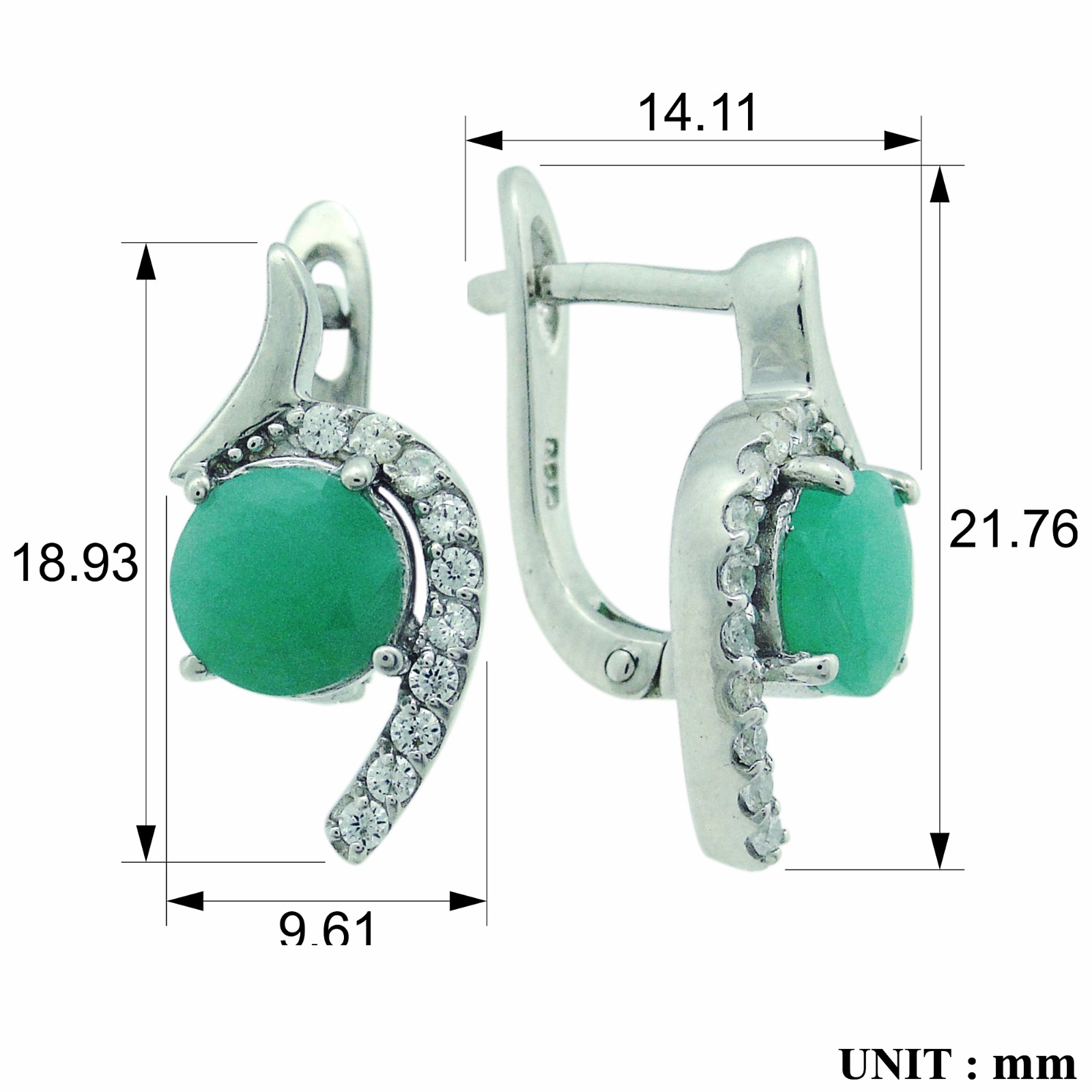Серьги с изумрудом бериллом, фианитом из Серебра