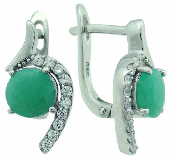 Серьги с изумрудом бериллом, фианитом из Серебра