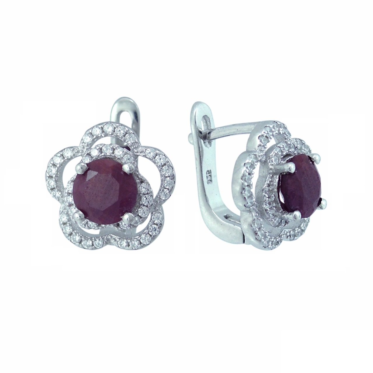 Серьги с рубином корундом, фианитом из Серебра