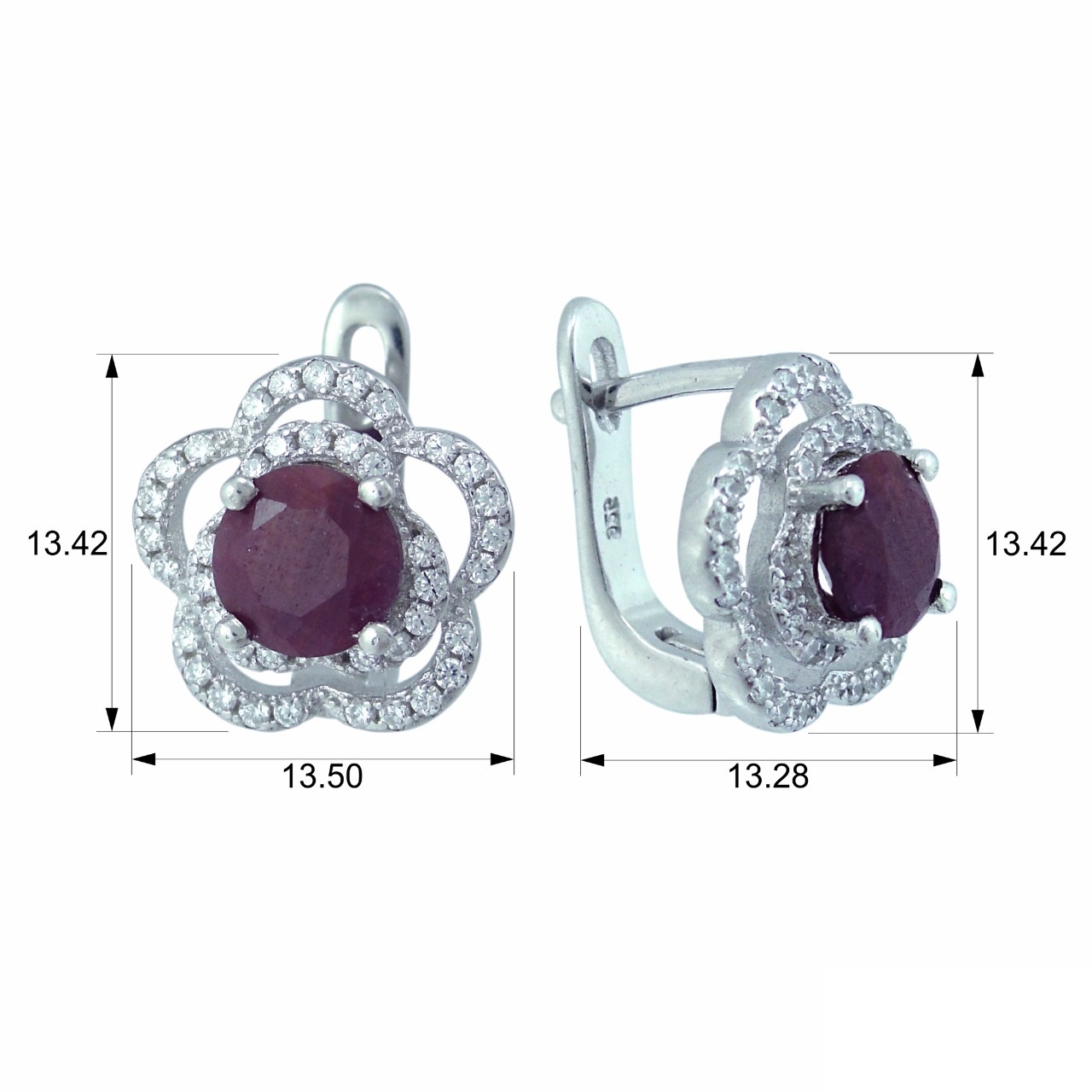 Серьги с рубином корундом, фианитом из Серебра