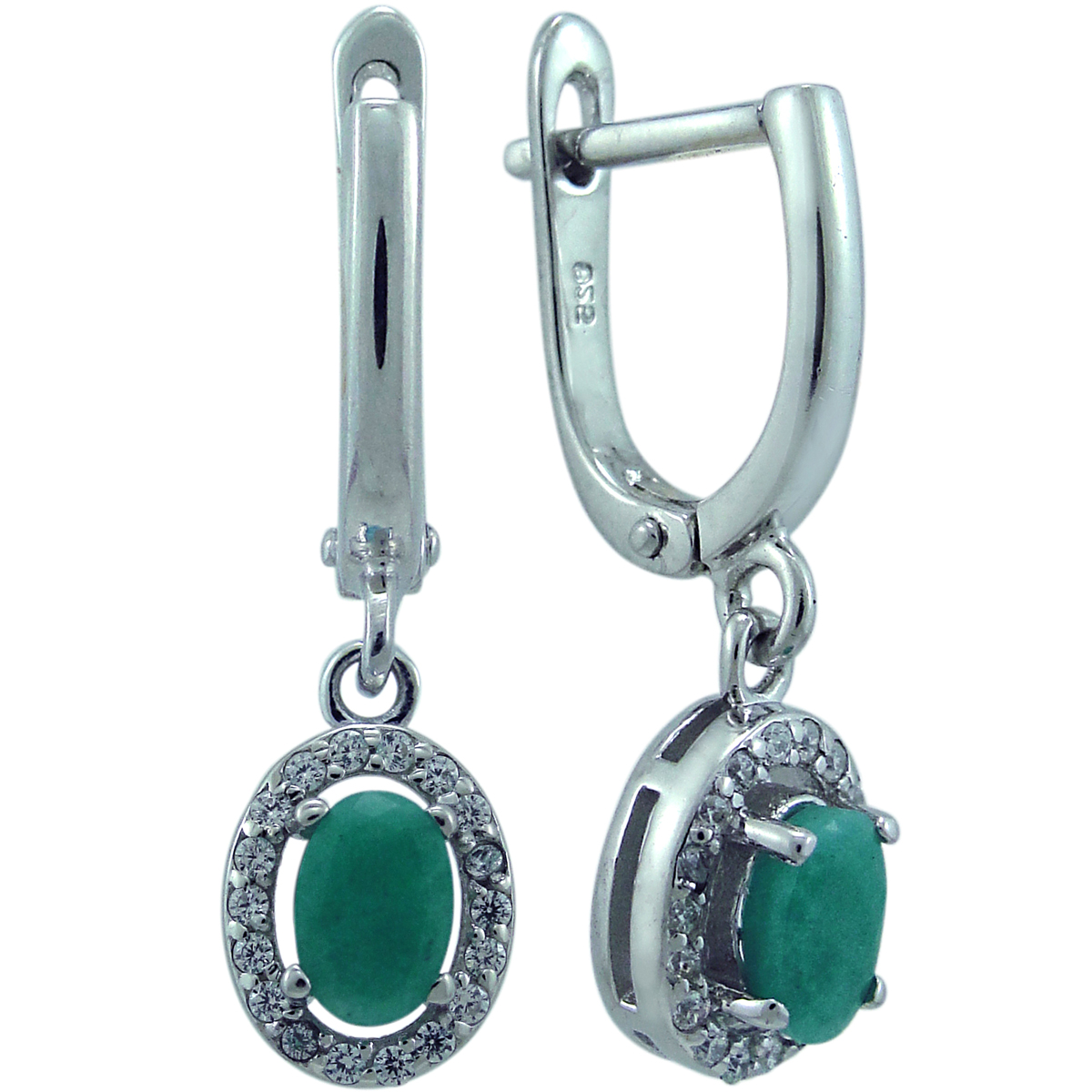 Серьги с изумрудом и фианитом из серебра