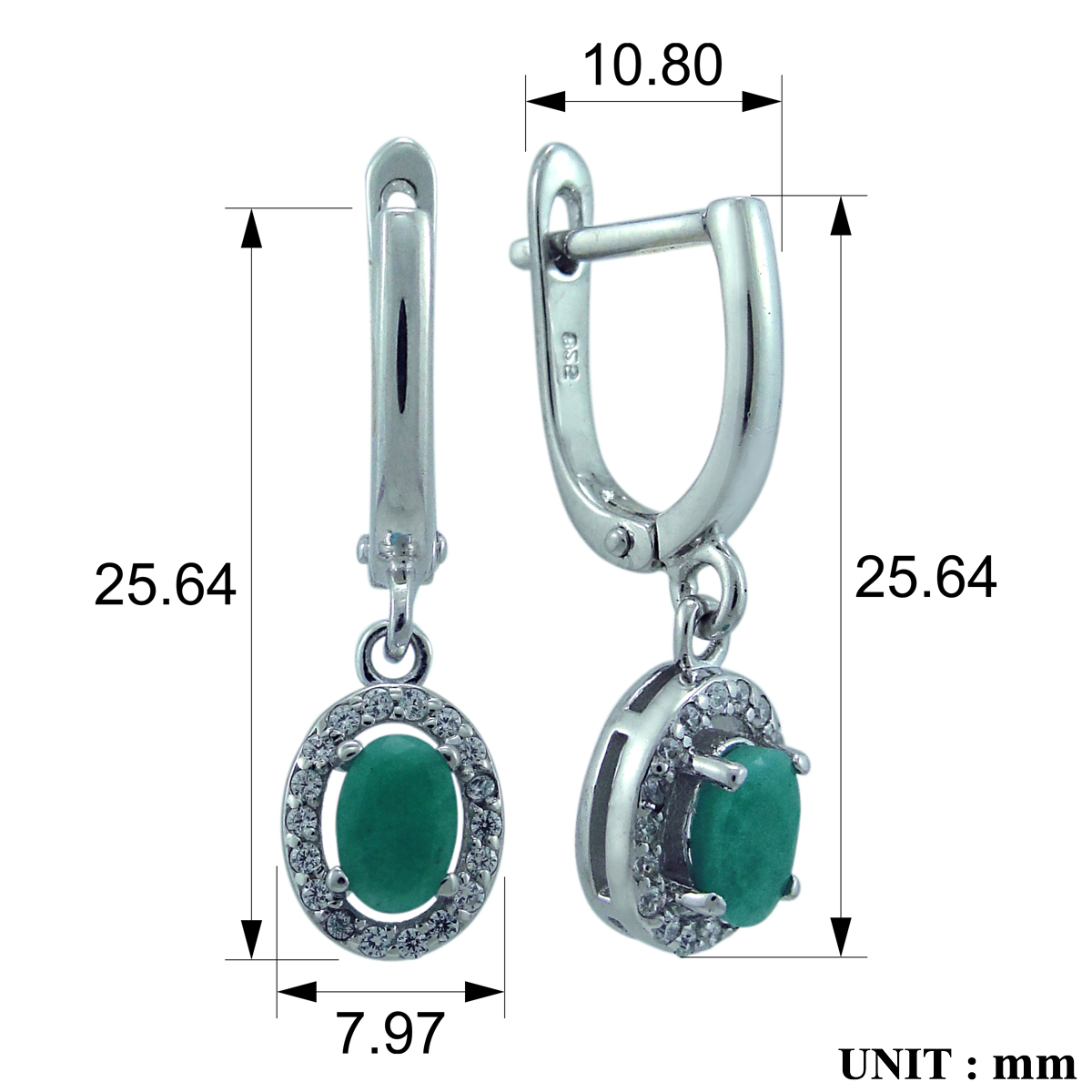Серьги с изумрудом и фианитом из серебра