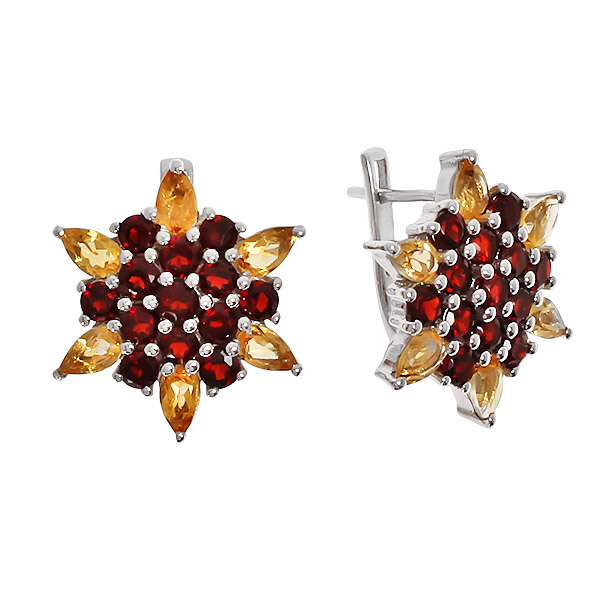Серьги с гранатом и цитрином из серебра