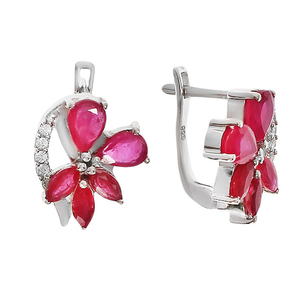 Серьги с рубином корундом, фианитом из Серебра