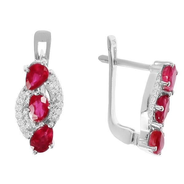 Серьги с рубином корундом, фианитом из Серебра
