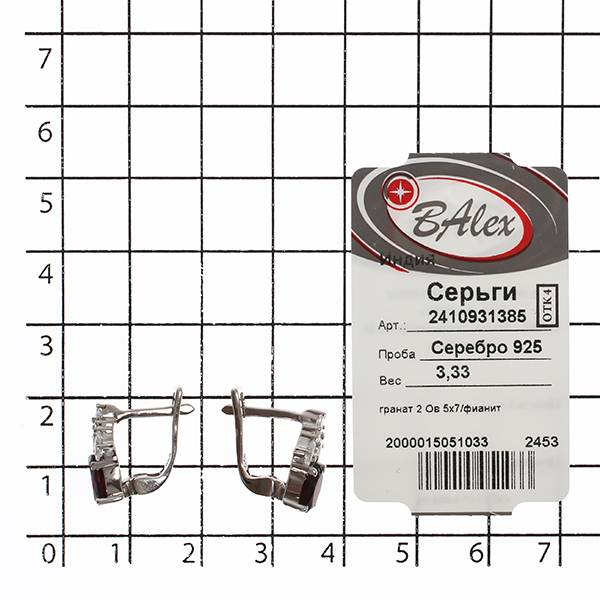 Серьги с гранатом и фианитом из серебра
