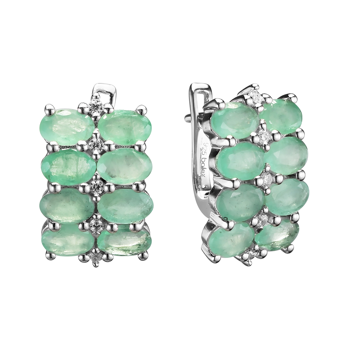 Серьги с изумрудом бериллом, фианитом из Серебра
