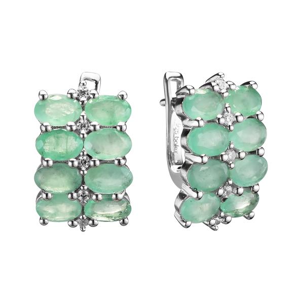 Серьги с изумрудом бериллом, фианитом из Серебра
