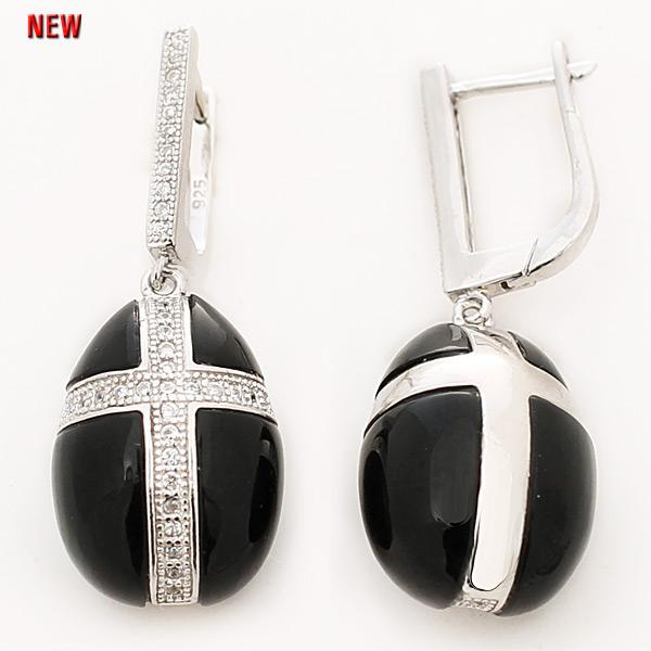 Серьги с ониксом и фианитом из серебра