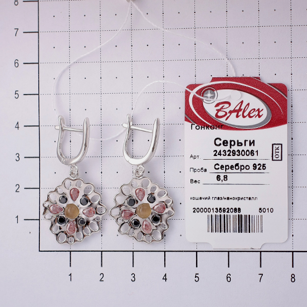 Серьги с кошачьим глазом синтетическим и фианитом из Серебра
