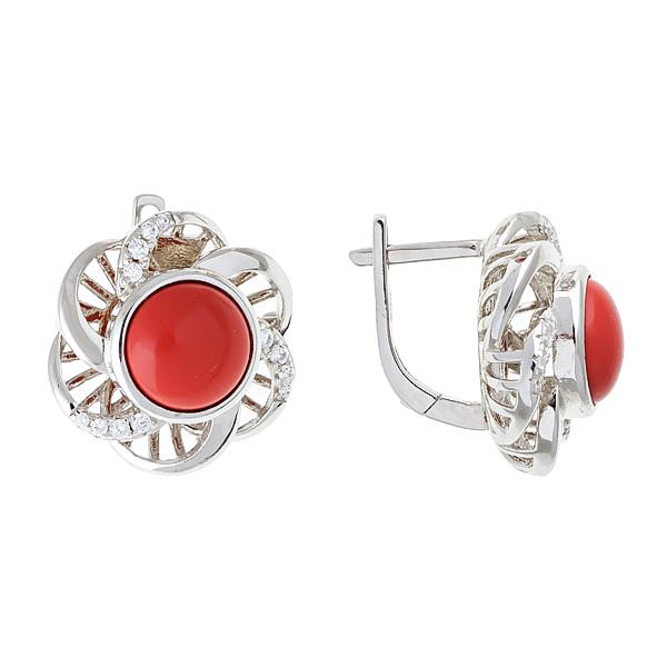 Серьги с кораллом реконструированным, фианитом из Серебра